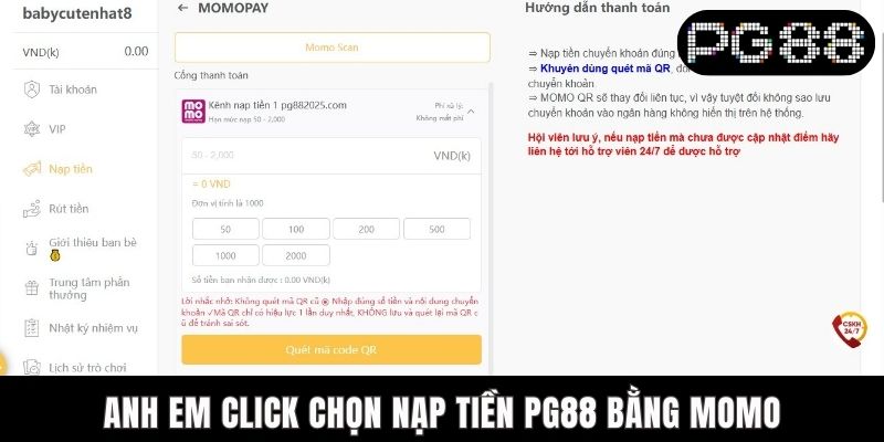 Anh em click chọn nạp tiền PG88 bằng momo